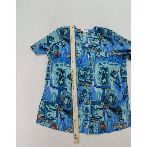 Christie & Jill Women's Top Size 2X Blue Print Short Sleeve Button-up Tunic - Picture 9 of 14